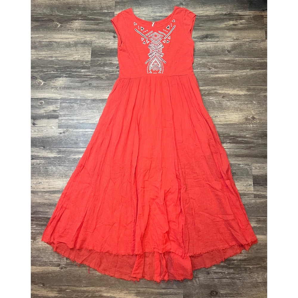 Free People Coral Embroidered Maxi Dress‎ Boho Festival Gauze Cotton S